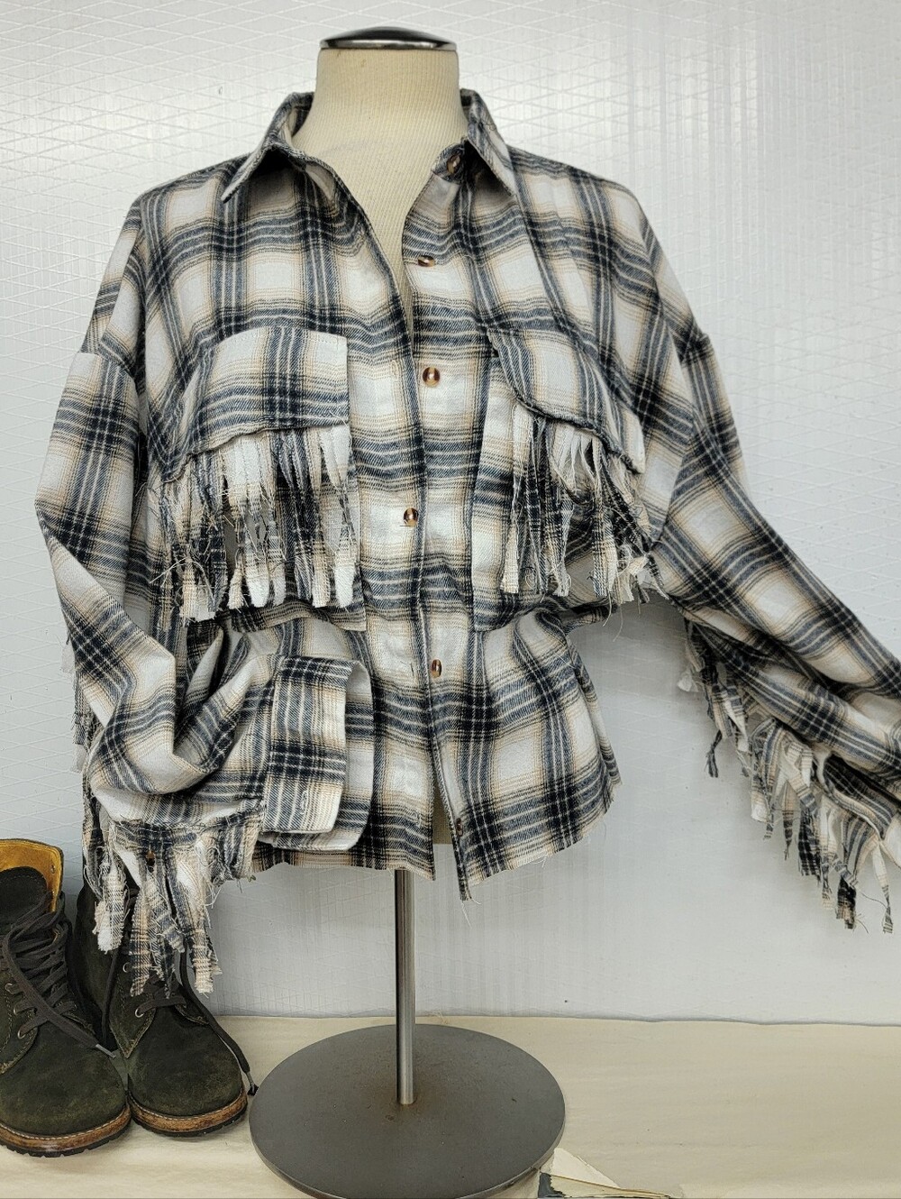 Journey 'Arrival Tour' Plaid Fringe Flannel Shirt  Jacket Shacket - Upcycled - Picture 6 of 9